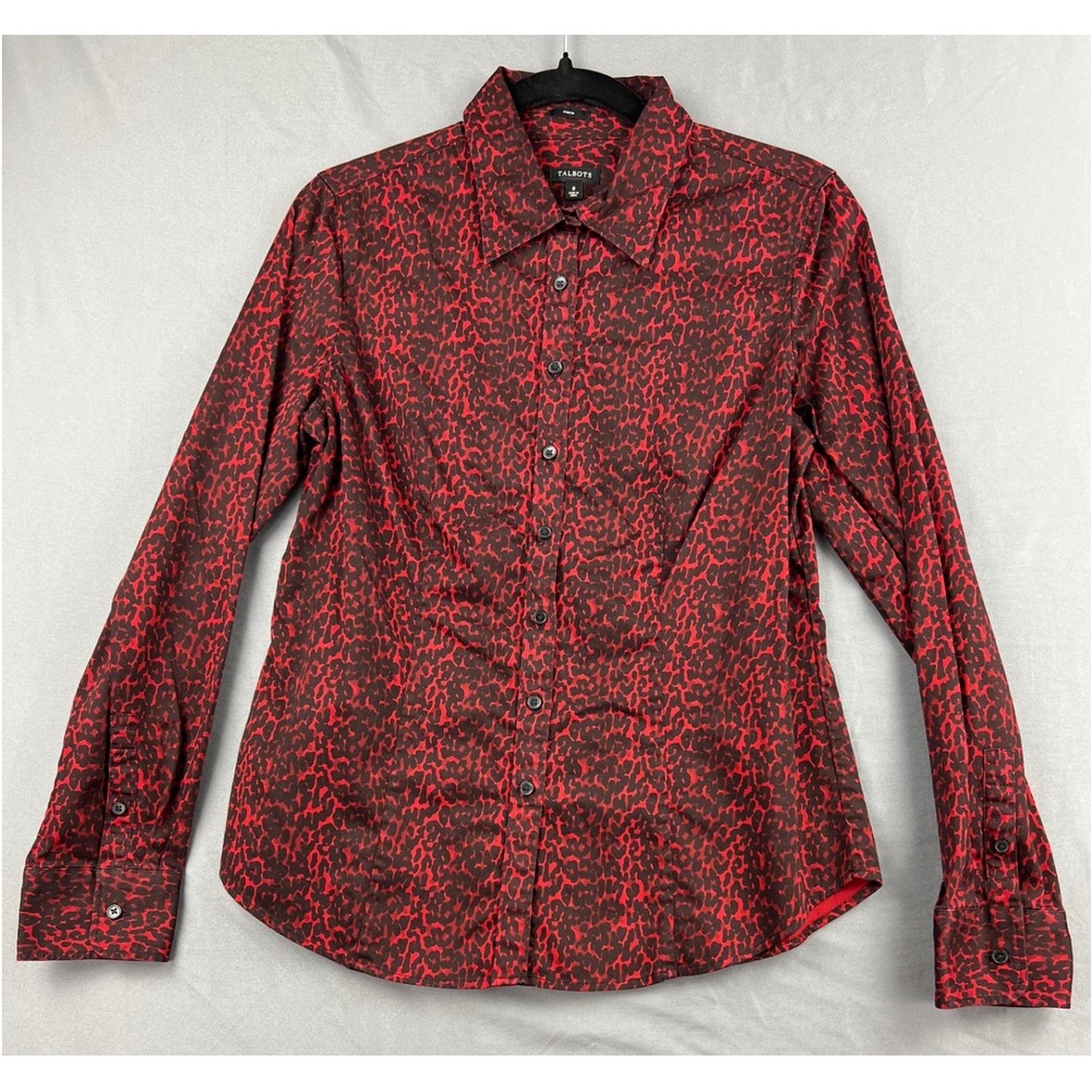 Talbots Shirt Women 8 Leopard Animal Print Red Black Stretch Cotton Top Exc